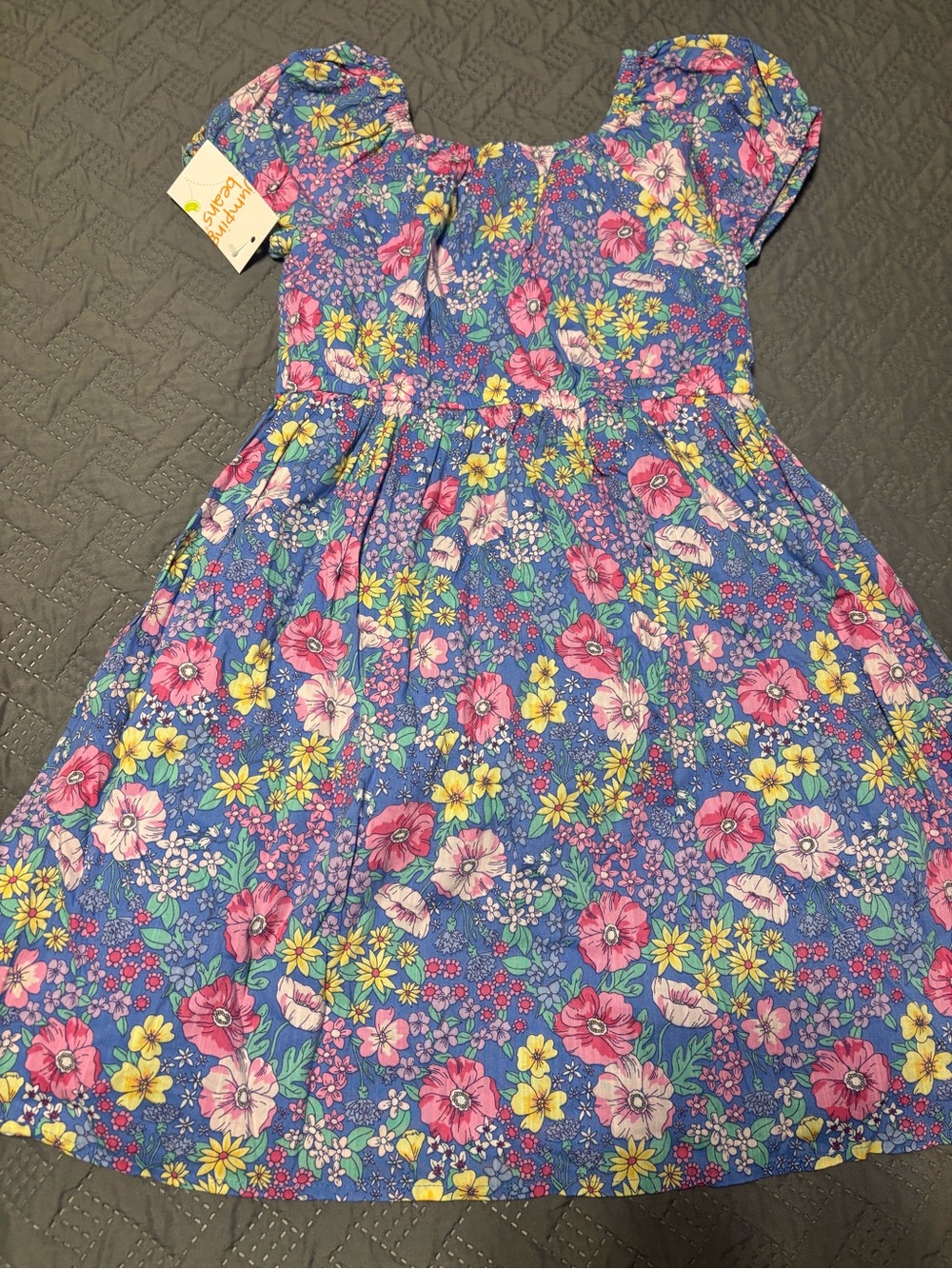 jumping beans Blue Floral Puff Sleeve Dress with Pink & Yellow Blooms